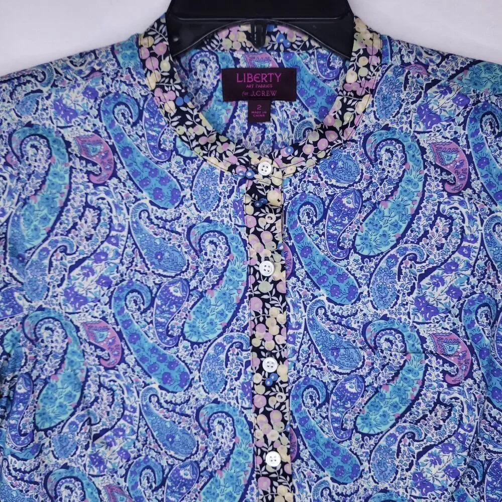 J Crew Liberty Shirt Womens 2 Paisley Blue Art Fabric Popover